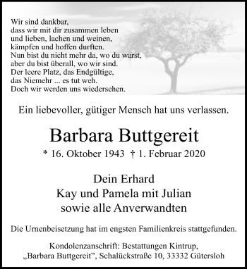 Traueranzeige von Barbara Buttgereit
