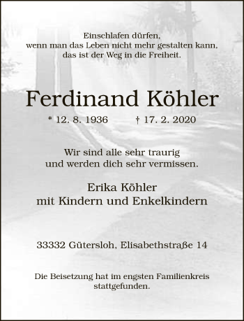 Traueranzeige von Ferdinand Köhler