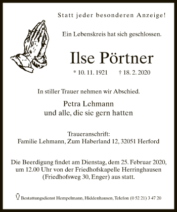 Traueranzeige von Ilse Pörtner