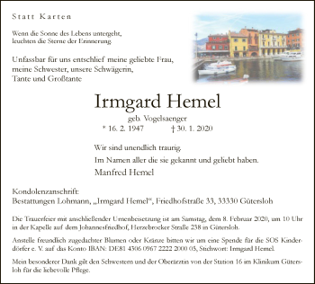 Traueranzeige von Irmgard Hemel
