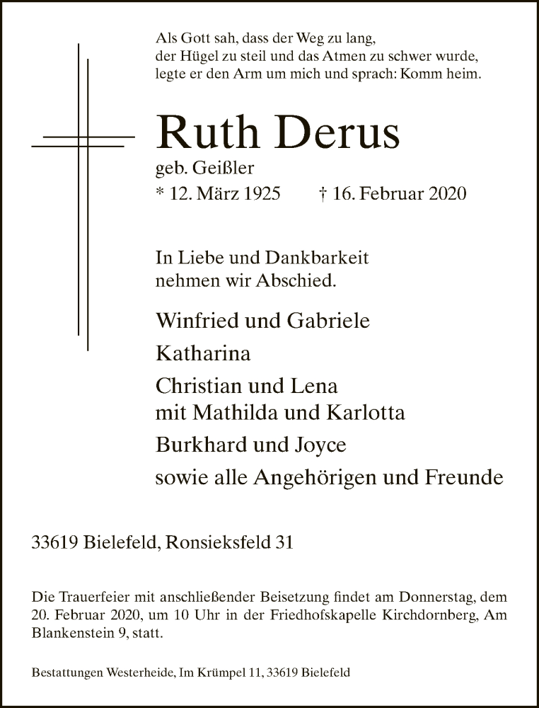  Traueranzeige für Ruth Derus vom 18.02.2020 aus Neue Westfälische
