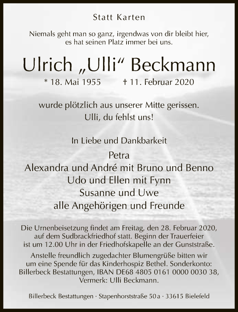  Traueranzeige für Ulrich Beckmann vom 15.02.2020 aus Neue Westfälische