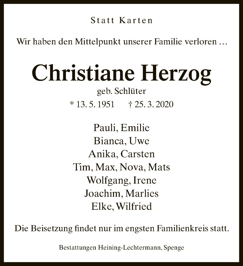  Traueranzeige für Christiane Herzog vom 28.03.2020 aus Neue Westfälische