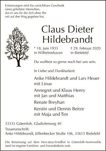 Traueranzeige von Claus Dieter Hildebrandt