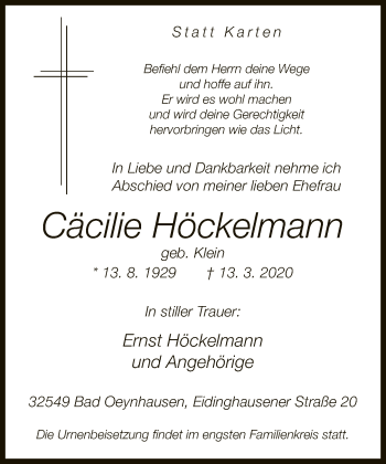 Traueranzeige von Cäcilie Höckelmann