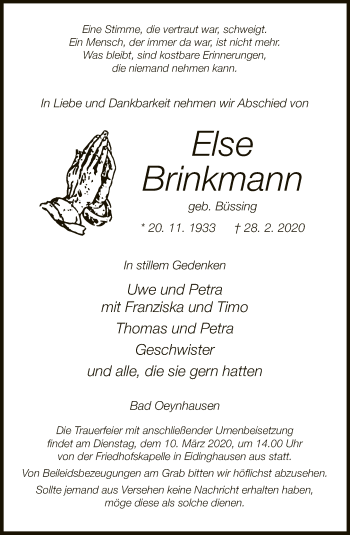 Traueranzeige von Else Brinkmann