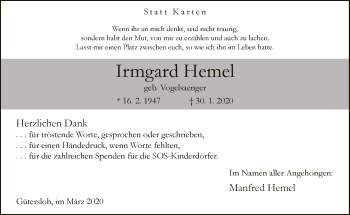 Traueranzeige von Irmgard Hemel