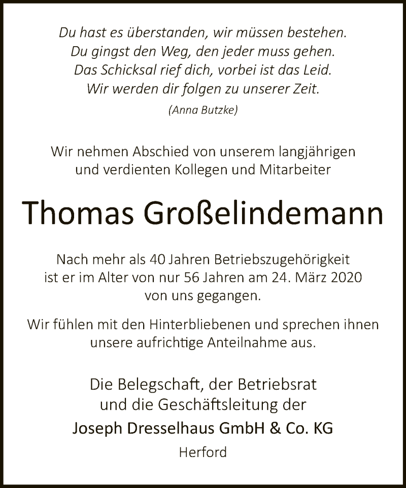  Traueranzeige für Thomas Großelindemann vom 28.03.2020 aus Neue Westfälische