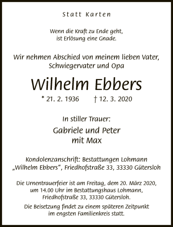 Traueranzeige von Wilhelm Ebbers