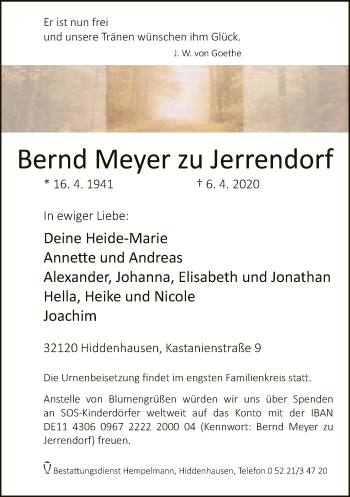 Traueranzeige von Bernd  Meyer zu Jerrendorf