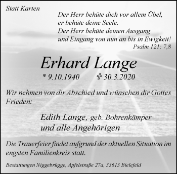 Traueranzeige von Erhard Lange