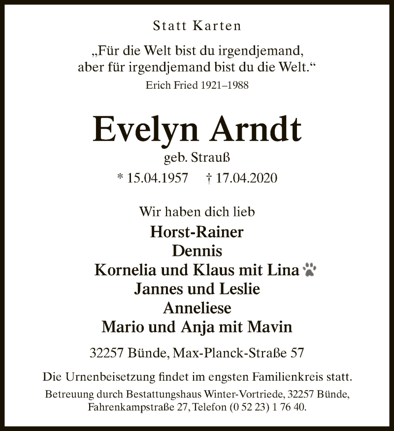  Traueranzeige für Evelyn Arndt vom 25.04.2020 aus Neue Westfälische