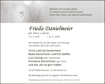 Traueranzeige von Frieda Danielmeier