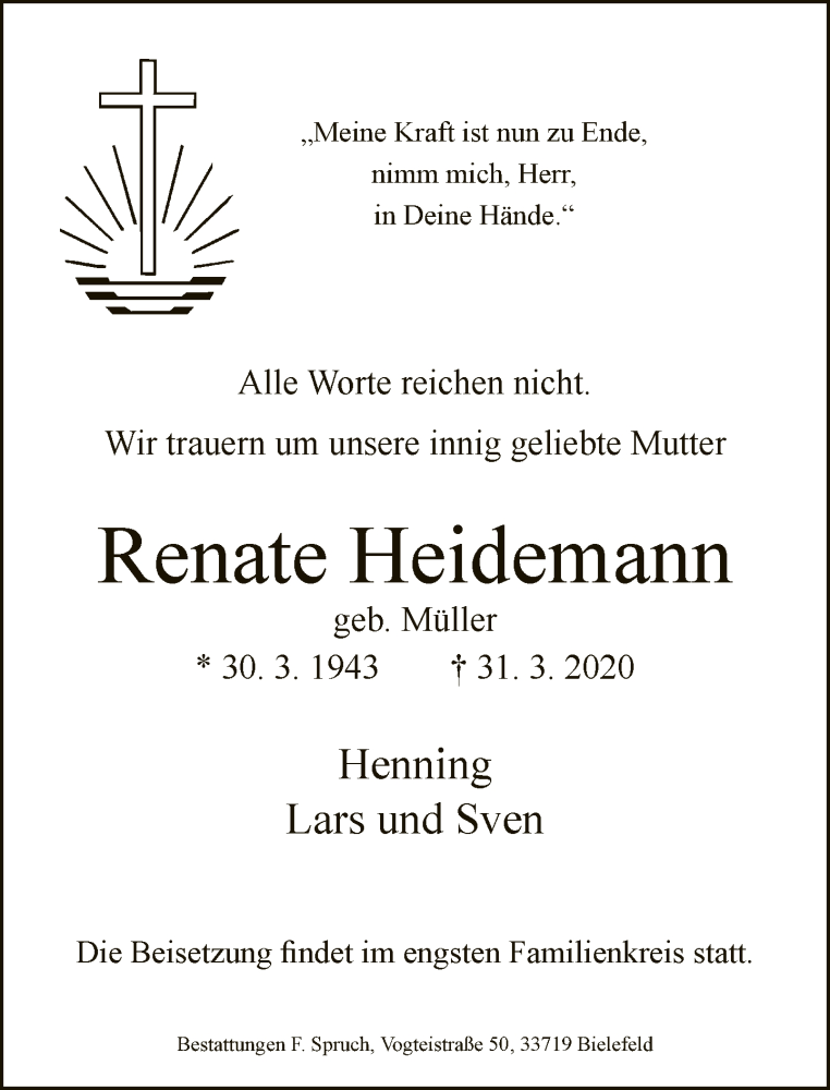  Traueranzeige für Renate Heidemann vom 04.04.2020 aus Neue Westfälische