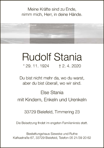 Traueranzeige von Rudolf Stania