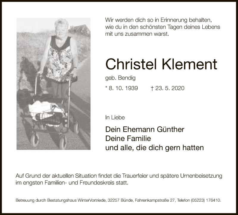  Traueranzeige für Christel Klement vom 27.05.2020 aus Neue Westfälische