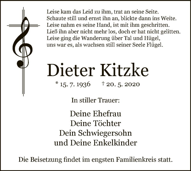  Traueranzeige für Dieter Kitzke vom 30.05.2020 aus Neue Westfälische