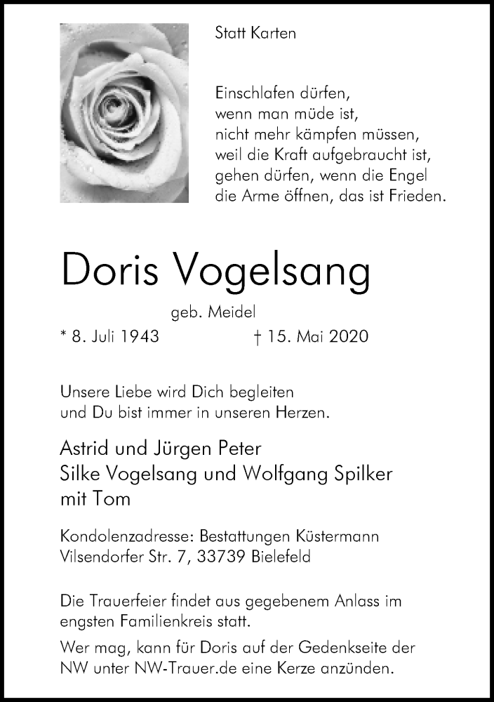 Traueranzeige für Doris Vogelsang vom 23.05.2020 aus Neue Westfälische