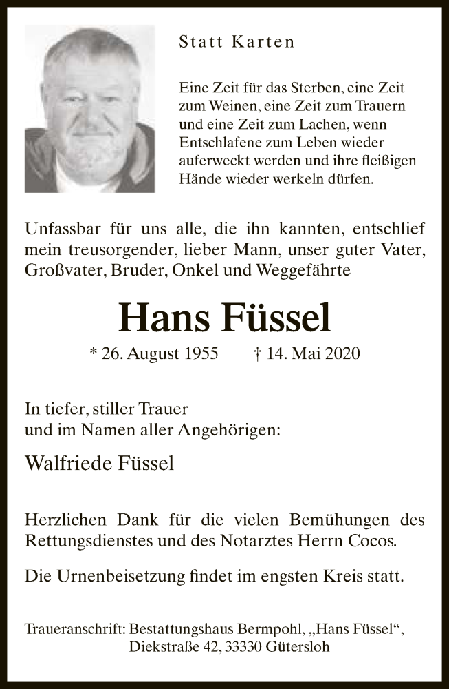  Traueranzeige für Hans Füssel vom 30.05.2020 aus Neue Westfälische