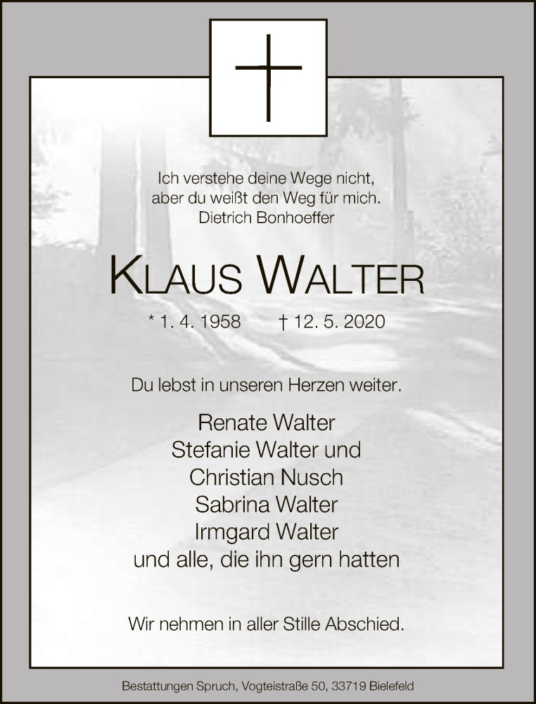  Traueranzeige für Klaus Walter vom 16.05.2020 aus Neue Westfälische