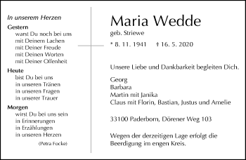 Traueranzeige von Maria Wedde von Neue Westfälische