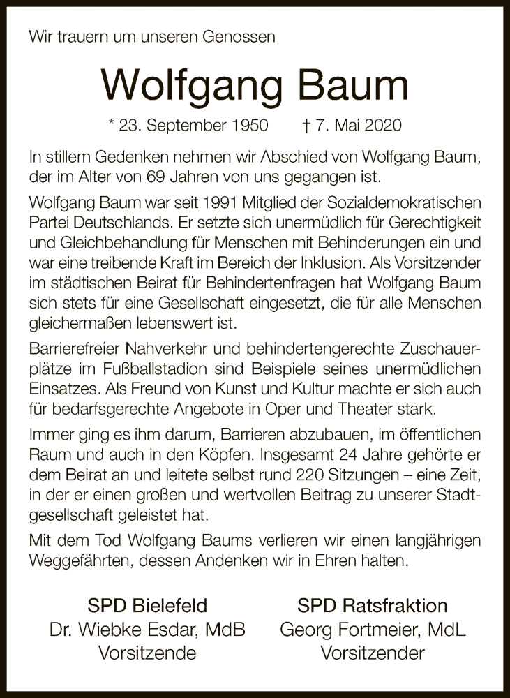  Traueranzeige für Wolfgang Baum vom 14.05.2020 aus Neue Westfälische