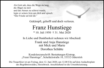 Traueranzeige von Franz Hunstiege