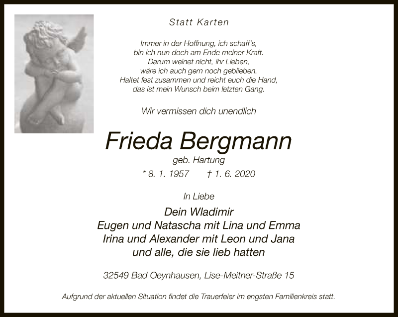  Traueranzeige für Frieda Bergmann vom 06.06.2020 aus Neue Westfälische