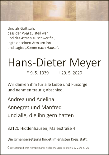 Traueranzeige von Hans-Dieter Meyer