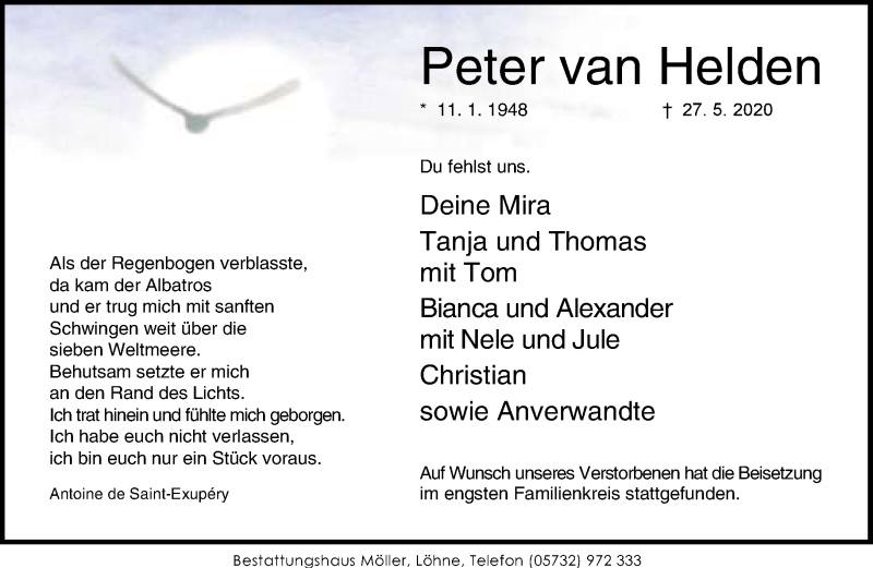  Traueranzeige für Peter van Helden vom 13.06.2020 aus Neue Westfälische