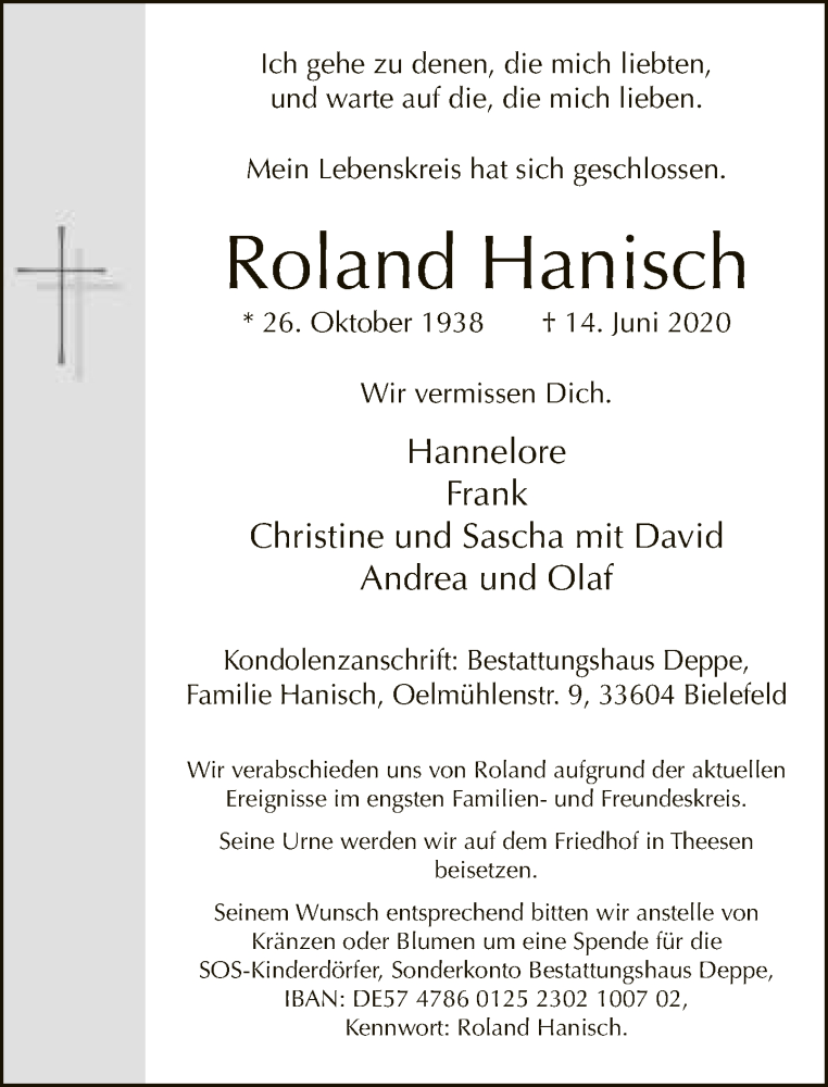  Traueranzeige für Roland Hanisch vom 20.06.2020 aus Neue Westfälische