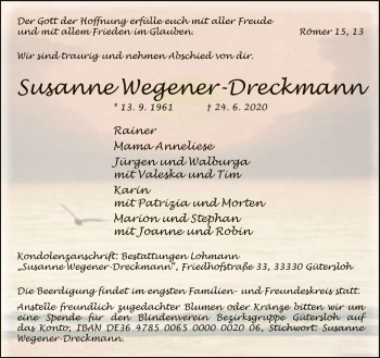 Traueranzeige von Susanne Wegener-Dreckmann