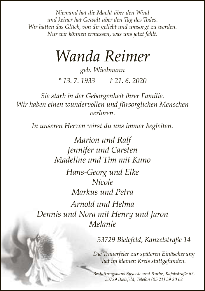 Traueranzeige für Wanda Reimer vom 27.06.2020 aus Neue Westfälische