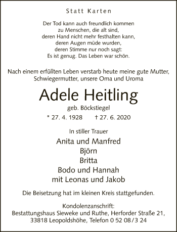 Traueranzeige von Adele Heitling
