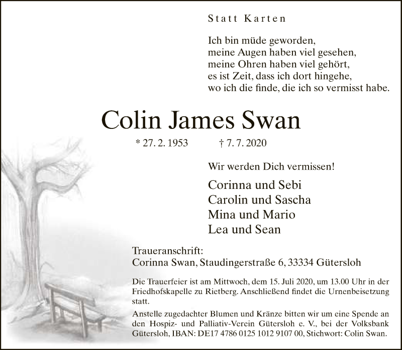  Traueranzeige für Colin James Swan vom 11.07.2020 aus Neue Westfälische
