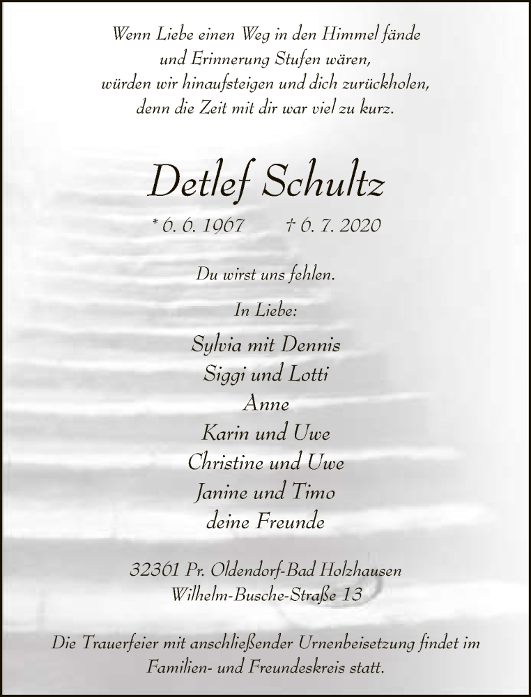  Traueranzeige für Detlef Schultz vom 11.07.2020 aus Neue Westfälische