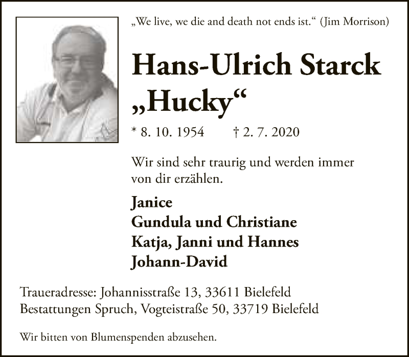  Traueranzeige für Hans-Ulrich Starck vom 07.07.2020 aus Neue Westfälische