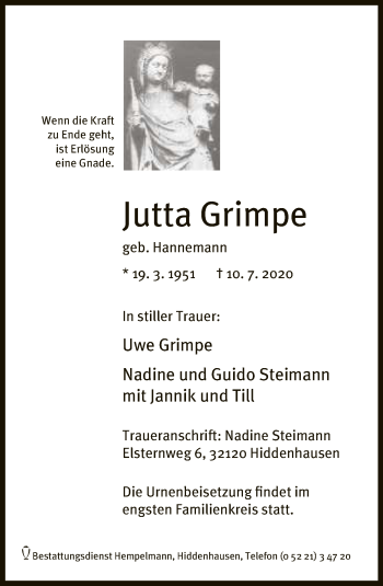 Traueranzeige von Jutta Grimpe
