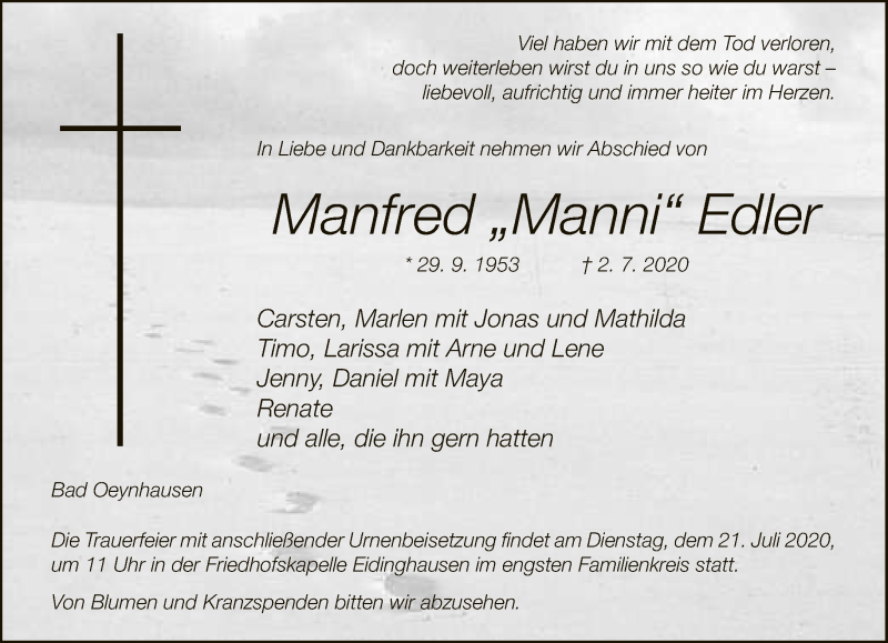  Traueranzeige für Manfred  Edler vom 11.07.2020 aus Neue Westfälische