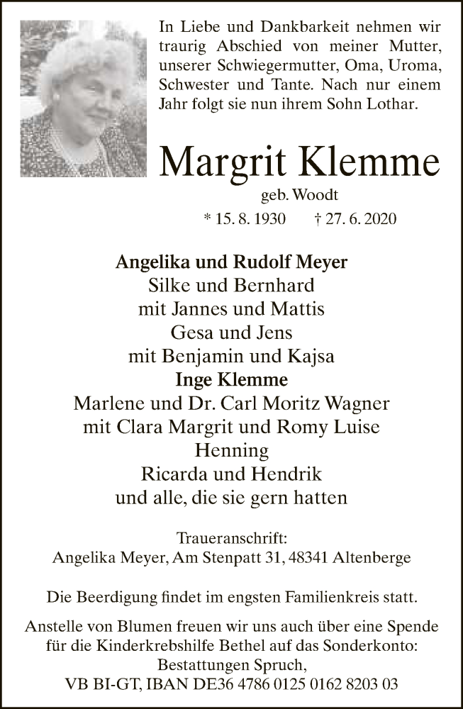  Traueranzeige für Margrit Klemme vom 04.07.2020 aus Neue Westfälische