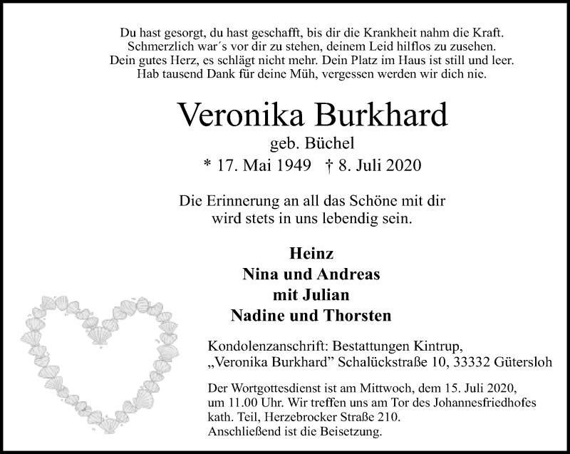  Traueranzeige für Veronika Burkhard vom 10.07.2020 aus Neue Westfälische