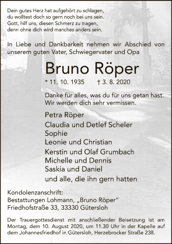 Traueranzeige von Bruno Röper