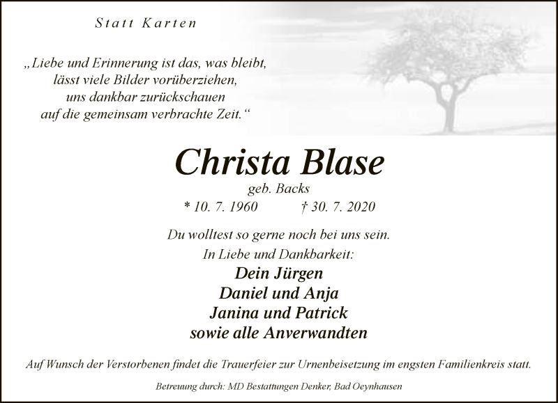  Traueranzeige für Christa Blase vom 05.08.2020 aus Neue Westfälische
