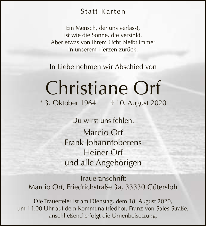  Traueranzeige für Christiane Orf vom 15.08.2020 aus Neue Westfälische