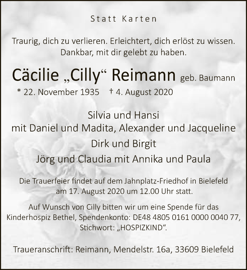  Traueranzeige für Cäcilie Reimann vom 08.08.2020 aus Neue Westfälische