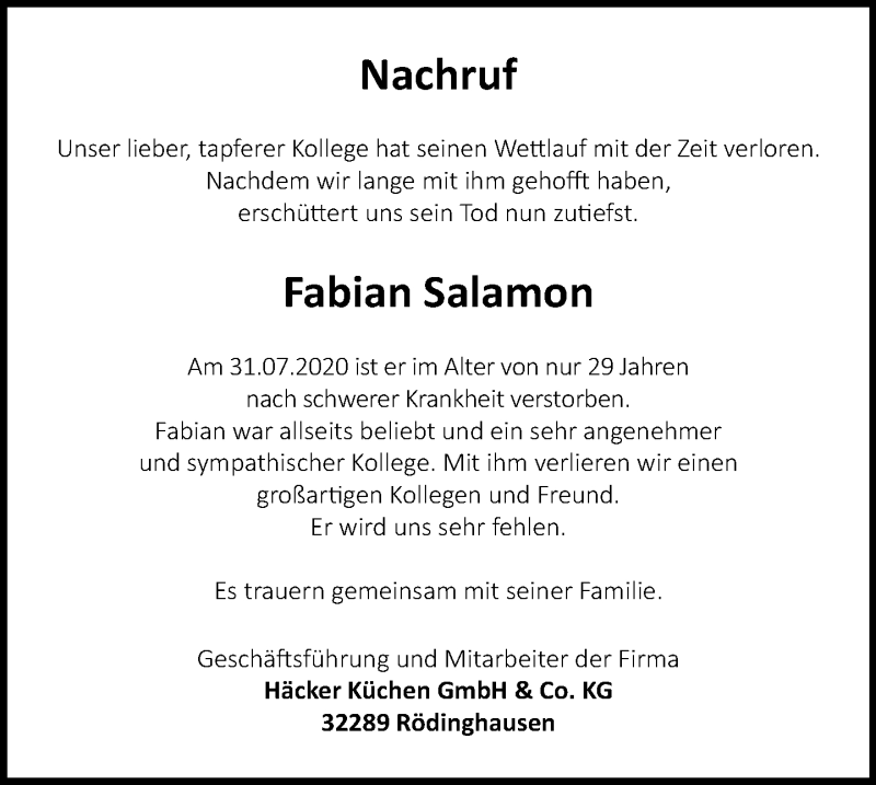  Traueranzeige für Fabian Salamon vom 06.08.2020 aus Neue Westfälische