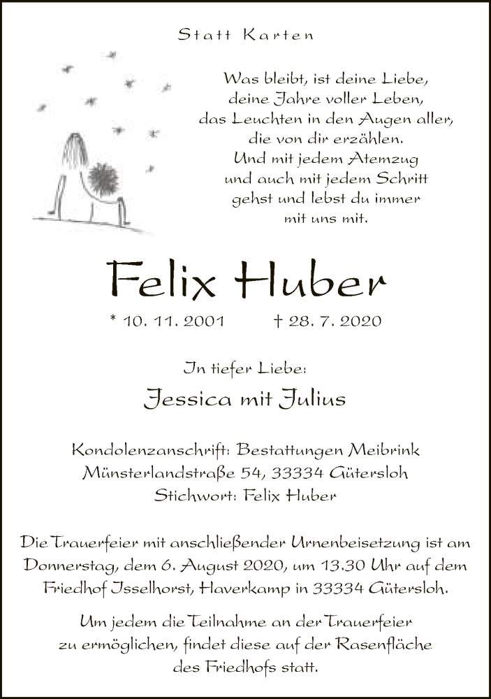  Traueranzeige für Felix Huber vom 01.08.2020 aus Neue Westfälische