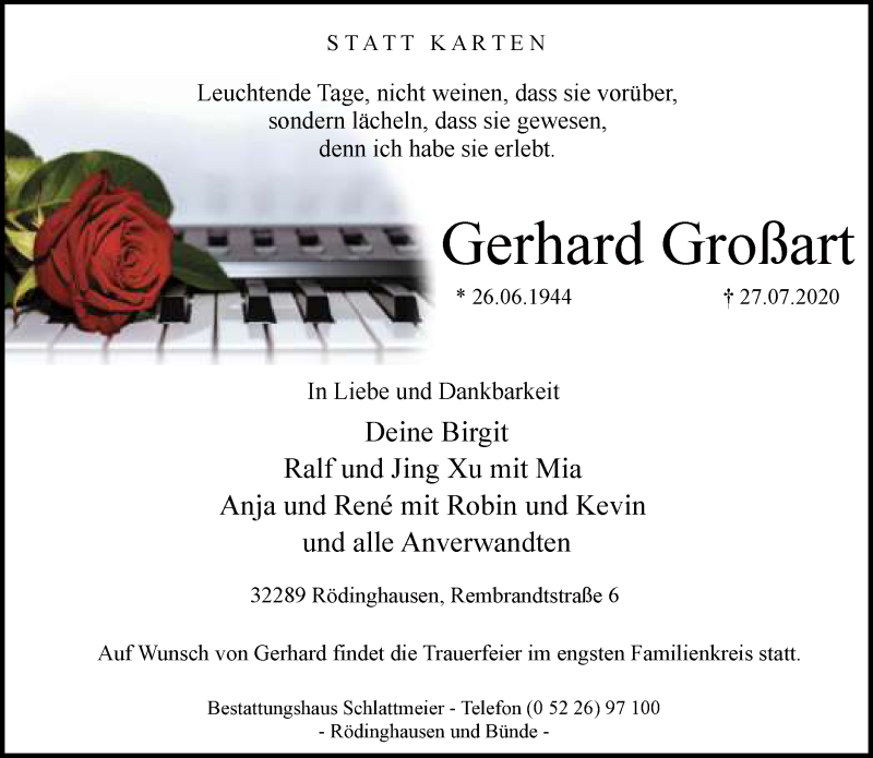  Traueranzeige für Gerhard Großart vom 01.08.2020 aus Neue Westfälische