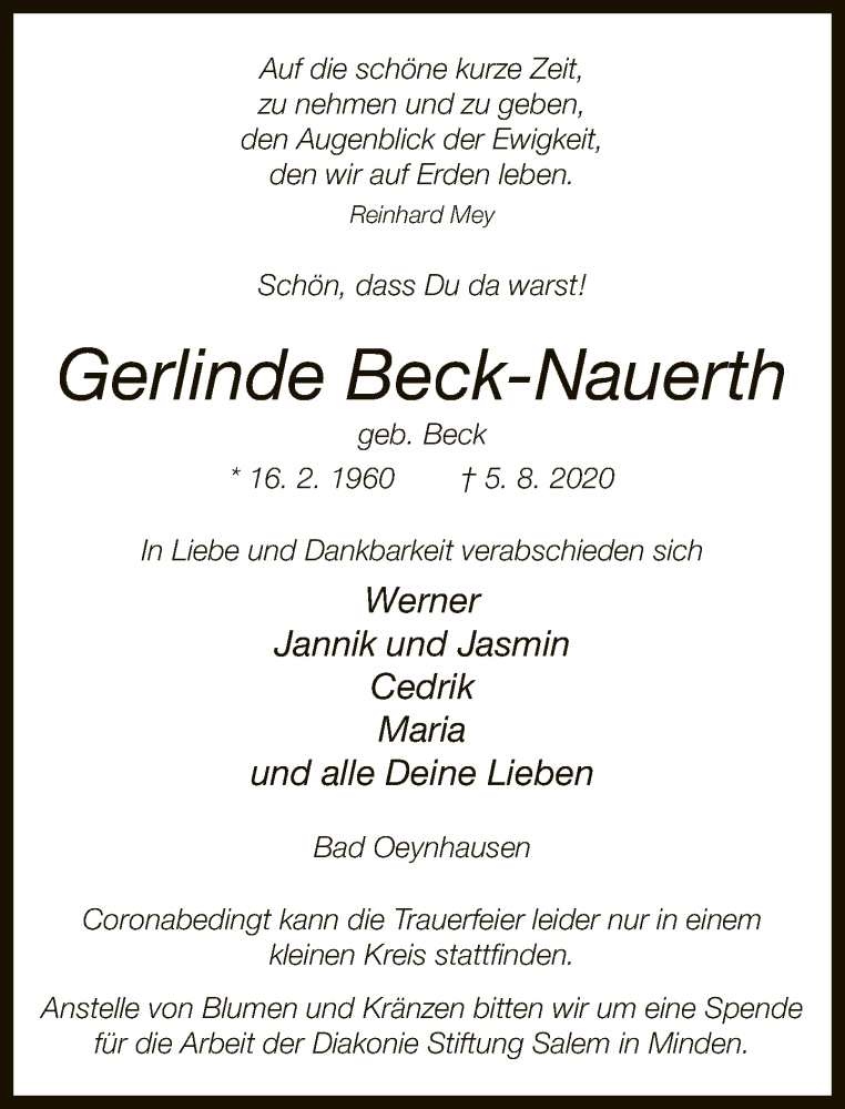  Traueranzeige für Gerlinde Beck-Nauerth vom 12.08.2020 aus Neue Westfälische