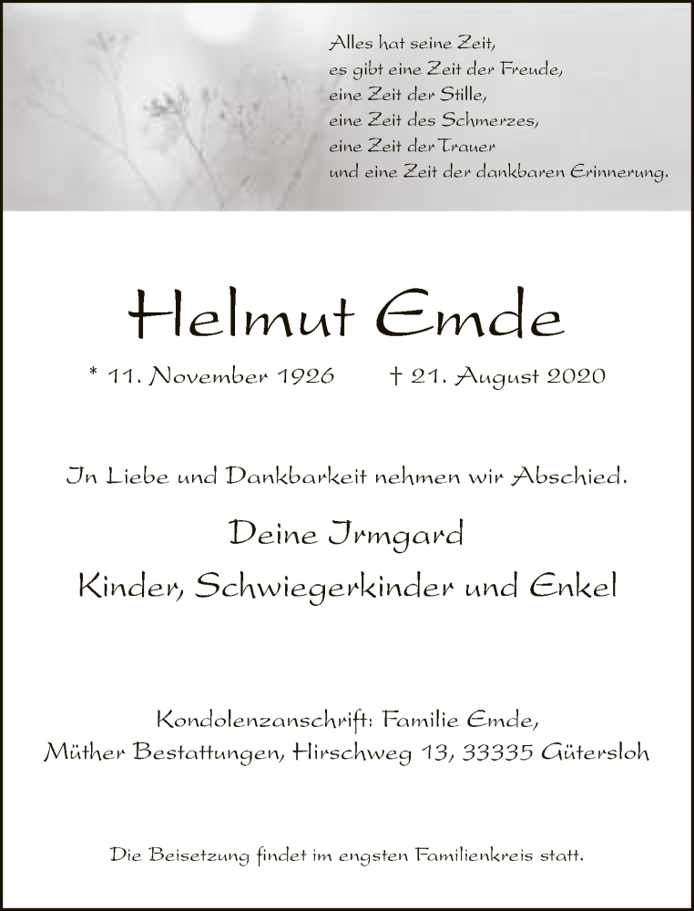  Traueranzeige für Helmut Emde vom 25.08.2020 aus Neue Westfälische